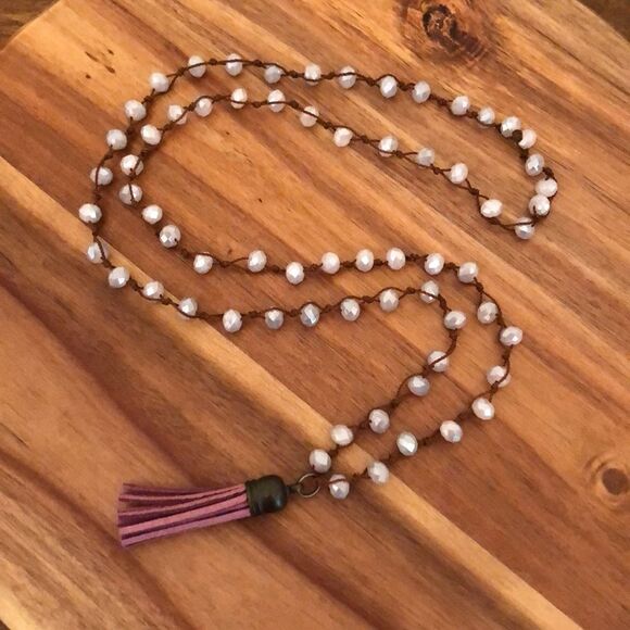 Rondelle Crystal Tassel Necklace | Lavender | 40” Length - Picture 3 of 3